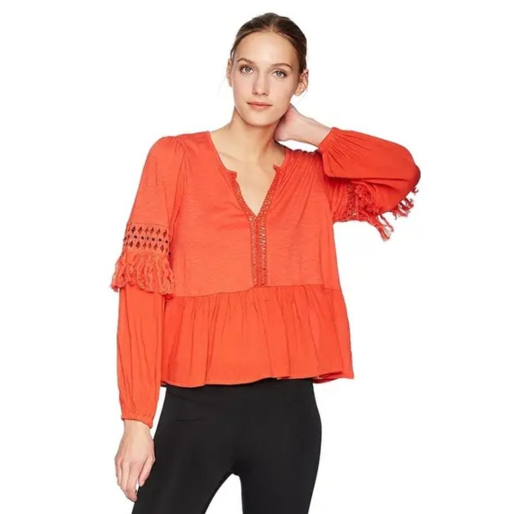 Lucky Brand Orange Cutout Fringe Peasant Blouse